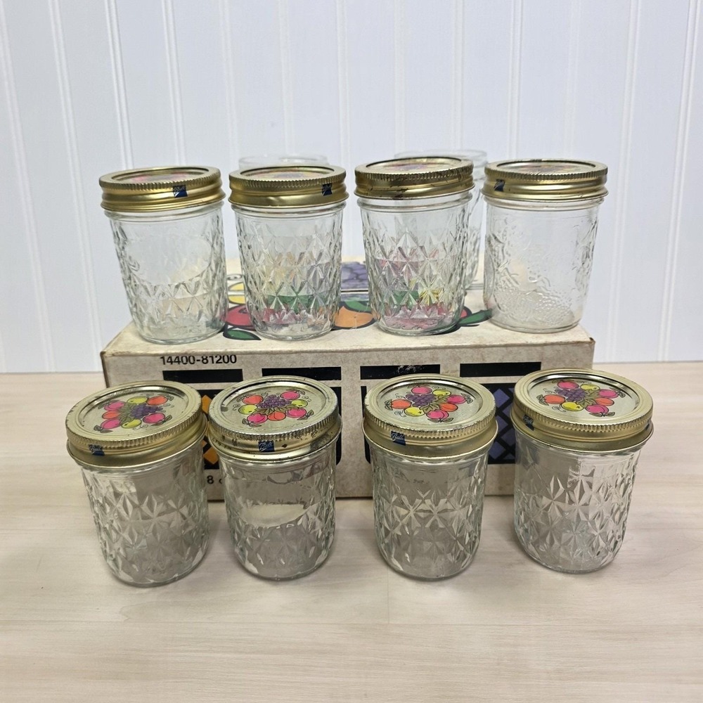 10 Ball Quilted Crystal Jelly Jars Tall w/ Grapes & Fruit Lids 4" x 2.25" w/ Box